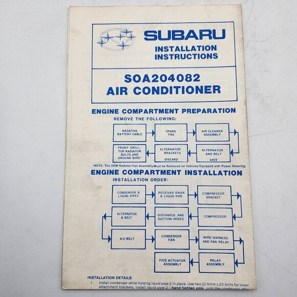 Subaru Air Conditioner Installation Instructions Manual SOA204082 - Picture 1 of 1
